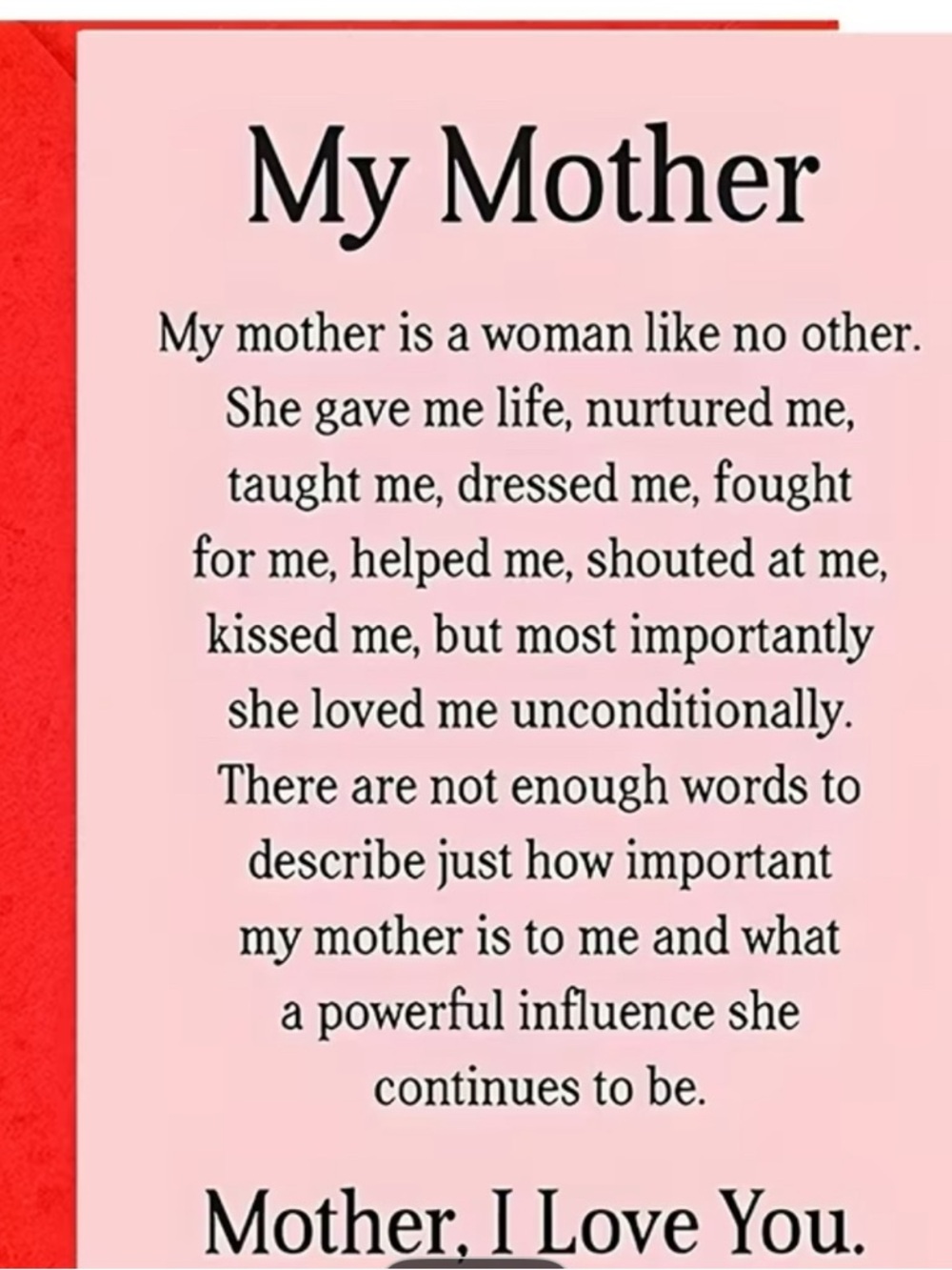 Pink 'My Mother' Mothers Day Card